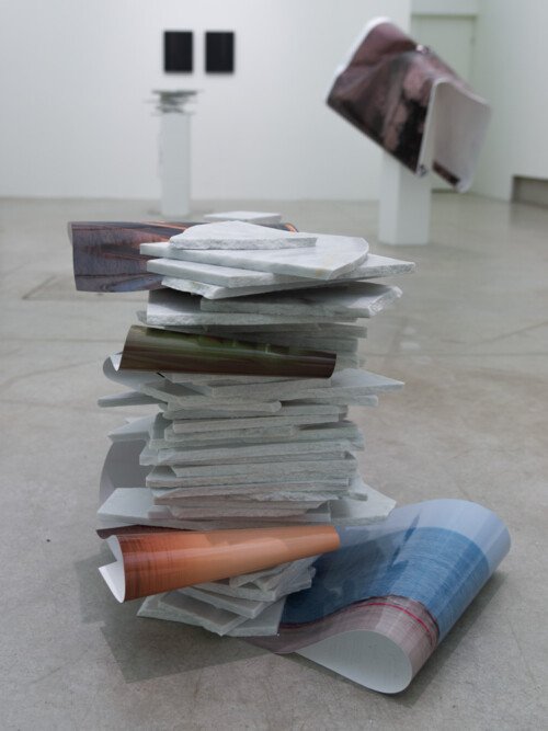 Metadata, Prisons, Meditarranean & Palais de justice with marble 2018 95x55x45cm, Mexican white marble, c-prints, a4 laser print