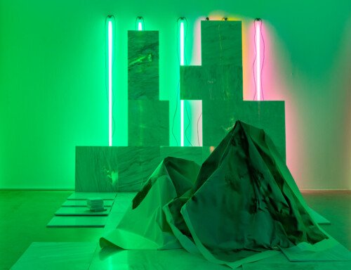 Wall 2018 dimension varies, fluorescent tubes, Mexican marble, inkjet prints