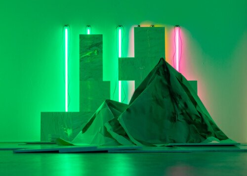 Wall 2018 dimension varies, fluorescent tubes, Mexican marble, inkjet prints