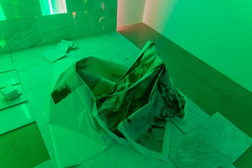 Wall (detail) 2018 dimension varies, fluorescent tubes, Mexican marble, inkjet prints
