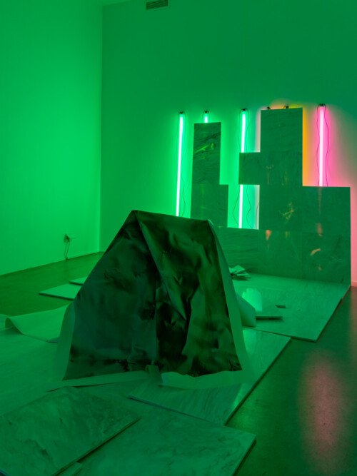 Wall 2018 dimension varies, fluorescent tubes, Mexican marble, inkjet prints
