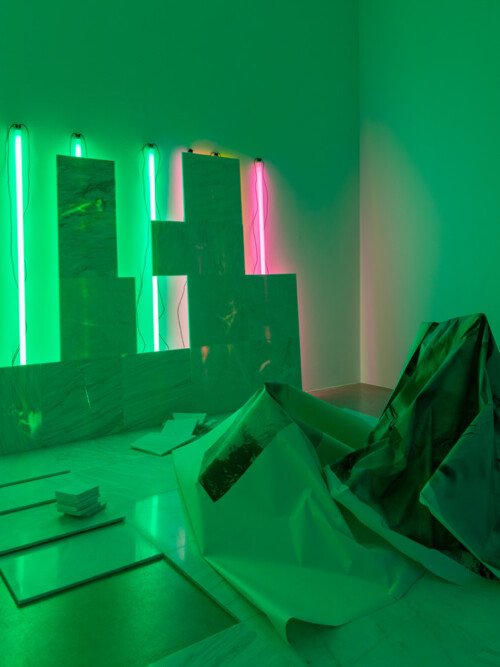 Wall 2018 dimension varies, fluorescent tubes, Mexican marble, inkjet prints