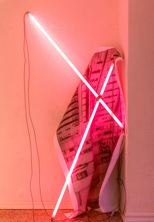 24 Hour Bail Bonds Service, 2020 (detail)<br> 
B&W photographs<br> 
Coloured T8 fluorescent tubes.<br>