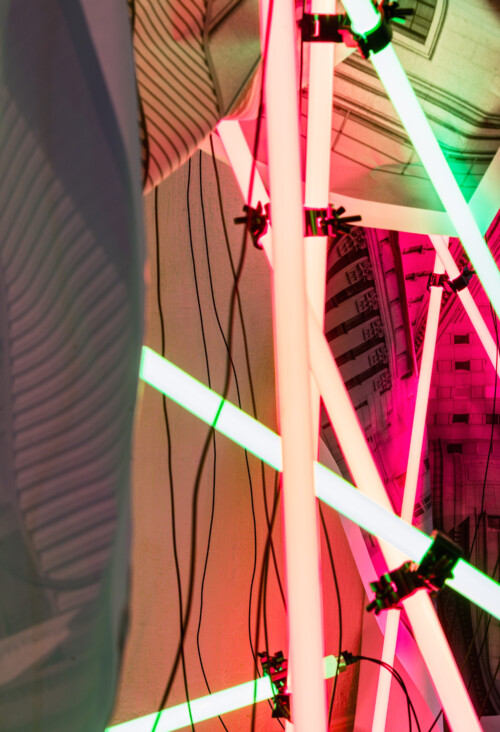24 Hour Bail Bonds Service, 2020 (detail)<br> 
B&W photographs<br> 
Coloured T8 fluorescent tubes.<br>