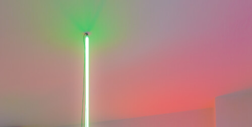 24 Hour Bail Bonds Service, 2020 (detail)<br> 
B&W photographs<br> 
Coloured T8 fluorescent tubes.<br>