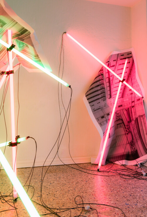 24 Hour Bail Bonds Service, 2020 (detail)<br> 
B&W photographs<br> 
Coloured T8 fluorescent tubes.<br>