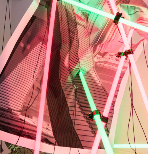 24 Hour Bail Bonds Service, 2020 (detail)<br> 
B&W photographs<br> 
Coloured T8 fluorescent tubes.<br>
