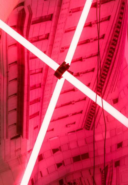 24 Hour Bail Bonds Service, 2020 (detail)<br> 
B&W photographs<br> 
Coloured T8 fluorescent tubes.<br>