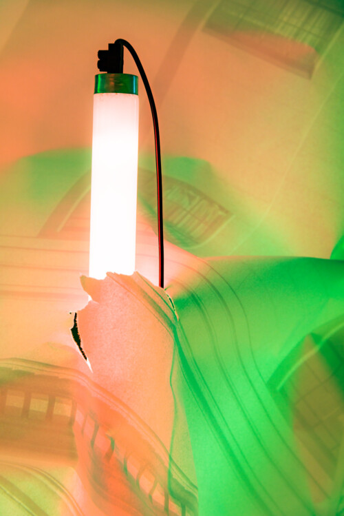 24 Hour Bail Bonds Service, 2020 (detail)<br> 
B&W photographs<br> 
Coloured T8 fluorescent tubes.<br>