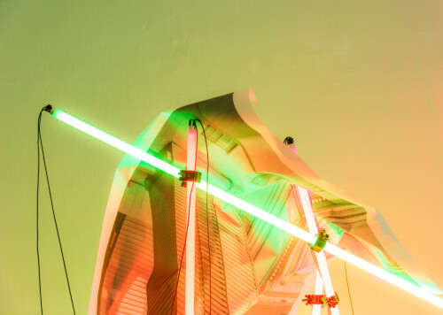 24 Hour Bail Bonds Service, 2020 (detail)<br> 
B&W photographs<br> 
Coloured T8 fluorescent tubes.<br>